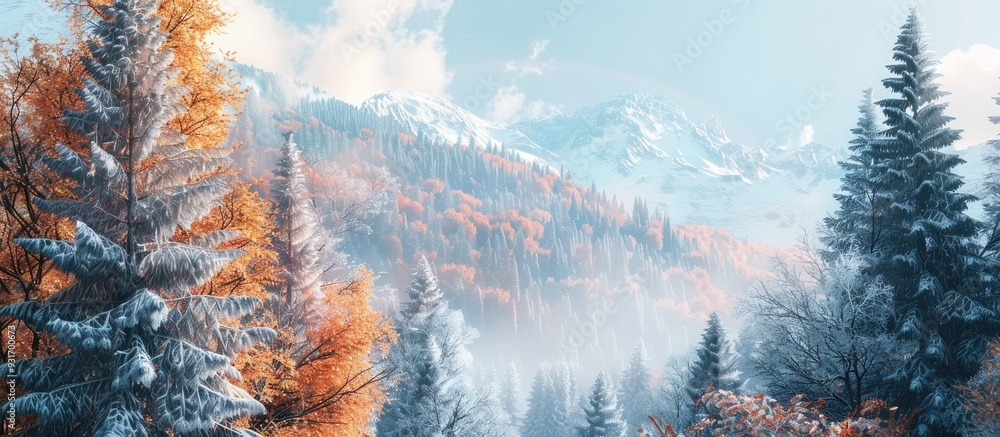 Poster autumn transitions to winter on the trees and mountains. with copy space image. place for adding tex