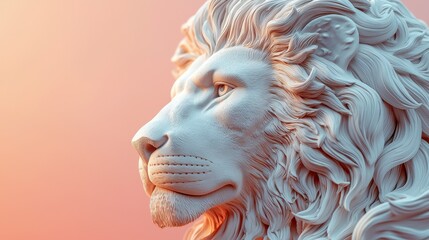 Naklejka premium A close-up portrait of a majestic lion statue, rendered in a white, smooth finish against a soft pink background.