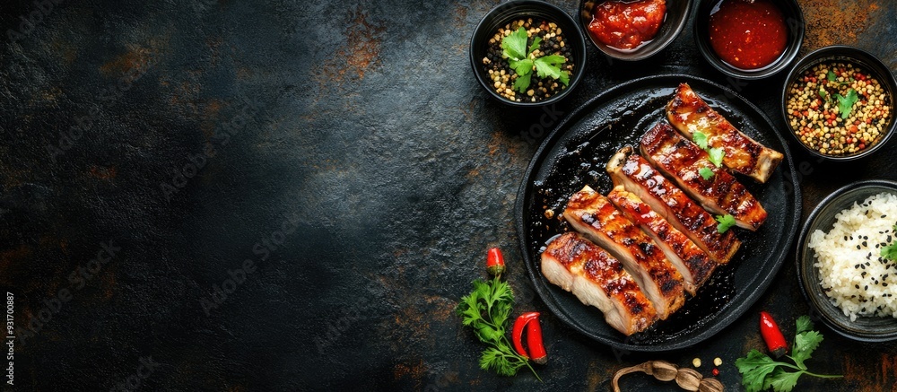 Poster korean cuisine pork belly and barbecue sauce. with copy space image. place for adding text or design