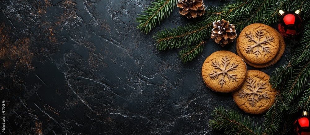 Poster christmas baking theme a selection of cookies fir tree branches and decorations top view copy space