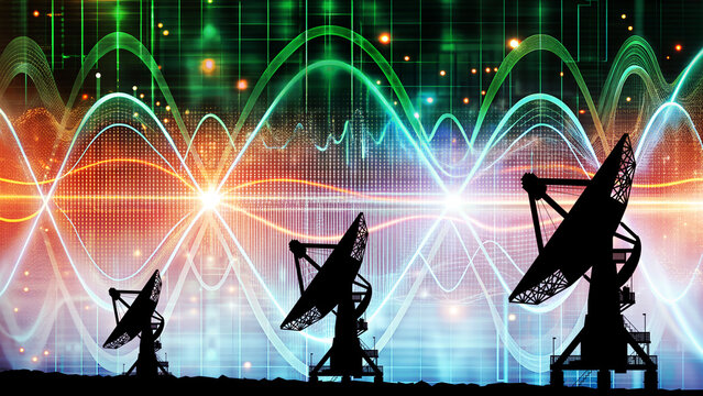 Silhouette Radioteleskop Array mit Parabolspiegeln beim &Uuml;berwachen von Signalen und Radiofrequenzen im Weltall - Wissenschaft und Astronomie