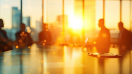 Blurred Background of a Business Conference with Table and Digital Tablet. AI generated illustration