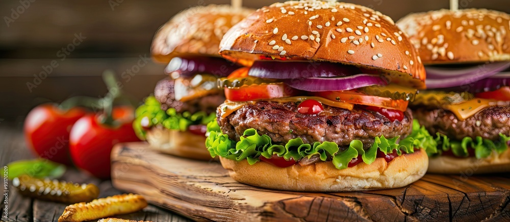 Poster Beef burger or cheeseburger in a wooden container. with copy space image. Place for adding text or design