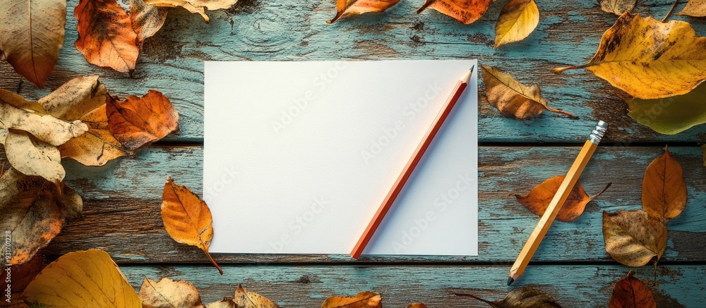 Poster Blank paper with a pencil surrounded by vibrant autumn leaves on a weathered wooden surface. with copy space image. Place for adding text or design