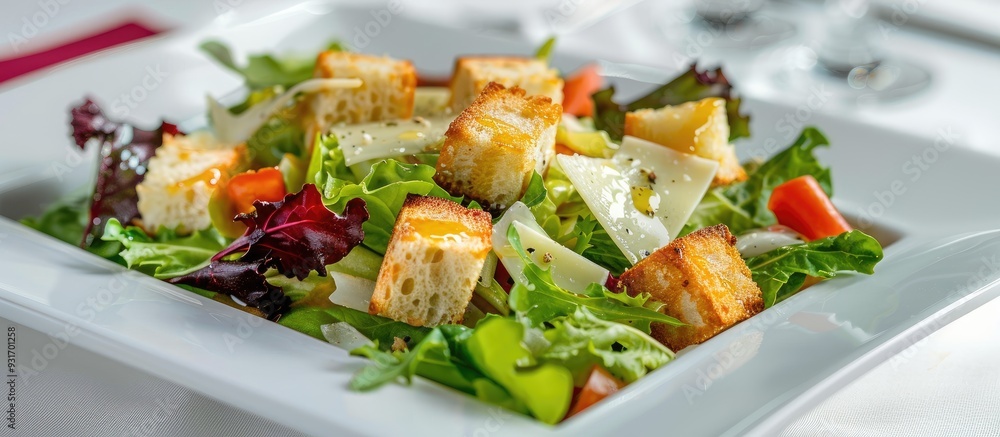 Poster Caesar salad on a white plate placed on red napkins in a square Close up Series of images. with copy space image. Place for adding text or design