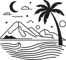 beach black and white vector art illustration