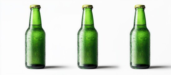 Three cold beers in green bottles set against a white background Soft shadow. with copy space image. Place for adding text or design