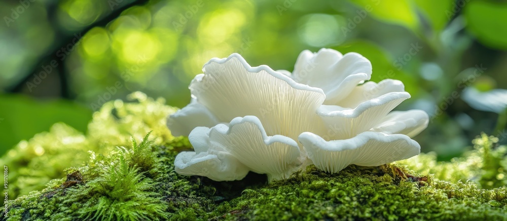 Poster a white fungus that appears naturally on the moss covered ground during the rainy season. with copy 
