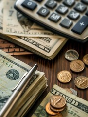 Fototapeta premium A stack of cash and coins is placed next to an open notebook filled with notes and calculations, indicating financial planning efforts. Generative AI