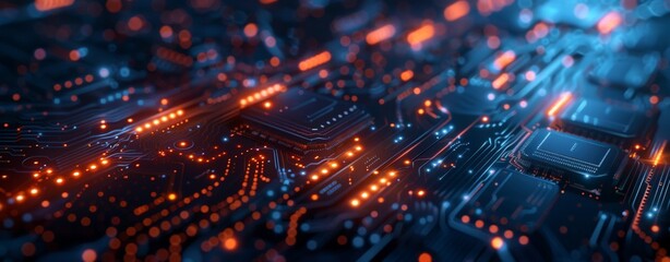 Abstract Digital background with glowing particles and lines symbolizing data transfer in cyberspace. Ideal for tech, AI, and graphics themes.