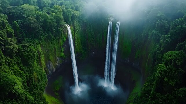Aerial view of two waterfalls plunging into a lush green valley with misty fog.