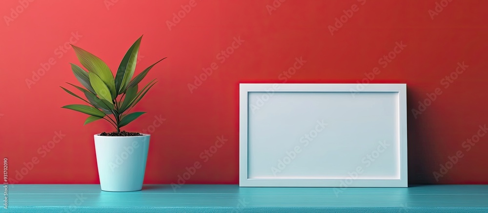 Aufkleber a white photo frame and a ceramic pot containing a growing plant are placed on a blue wooden table f