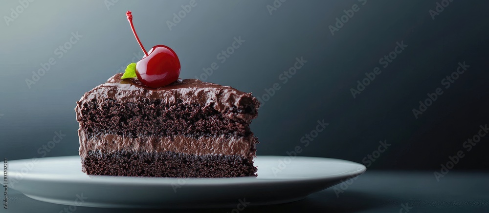 Poster taking a bite of a served slice of delectable chocolate brownie cake with a cherry. with copy space 