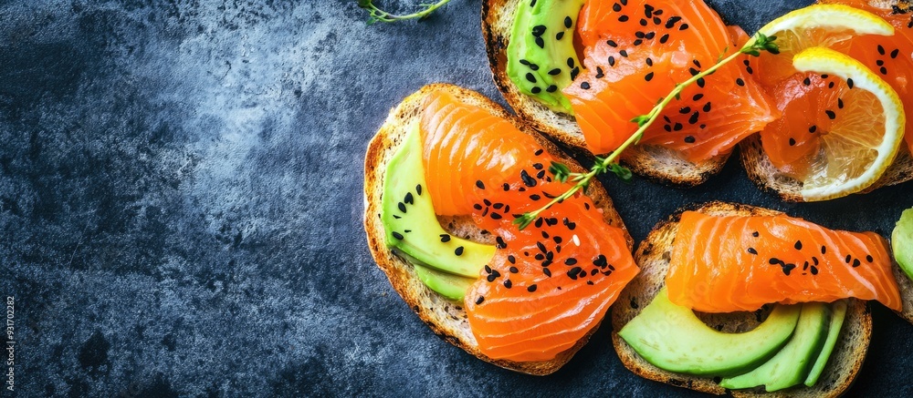Aufkleber toast with avocado and fresh salmon. with copy space image. place for adding text or design