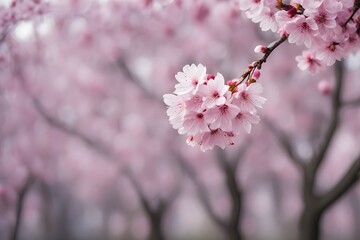 Obraz premium Blurry background of a blooming cherry blossom tree with pink petals, Ai Generated