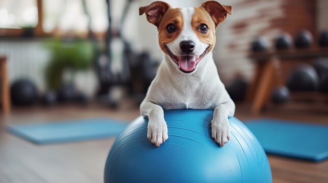 A cheerful dog sitting on a blue exercise ball, showcasing playfulness and fitness in a bright room.