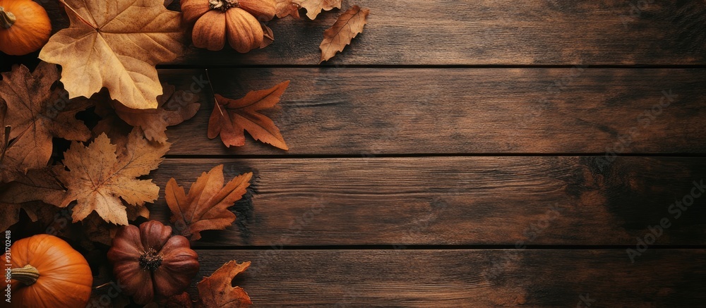 Fototapete Autumn table arrangement on a wooden surface top view Room for text. with copy space image. Place for adding text or design