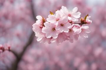 Fototapeta premium Blurry background of a blooming cherry blossom tree with pink petals, Ai Generated