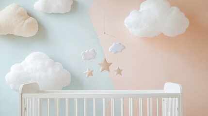 A minimalist baby crib with a mobile hanging above, featuring stars and clouds, against a pastel-colored background, [baby crib], [modern and serene]