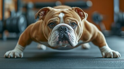 A determined bulldog demonstrate strength on a gym floor, highlighting fitness and a playful spirit in a unique setting.