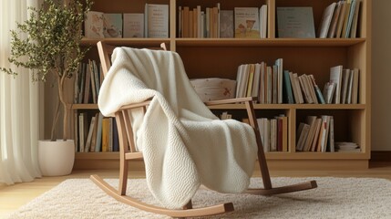 A tranquil nursery setup with a rocking chair, a cozy blanket draped over it, and a bookshelf of baby books, [baby nursery corner], [calm and inviting]