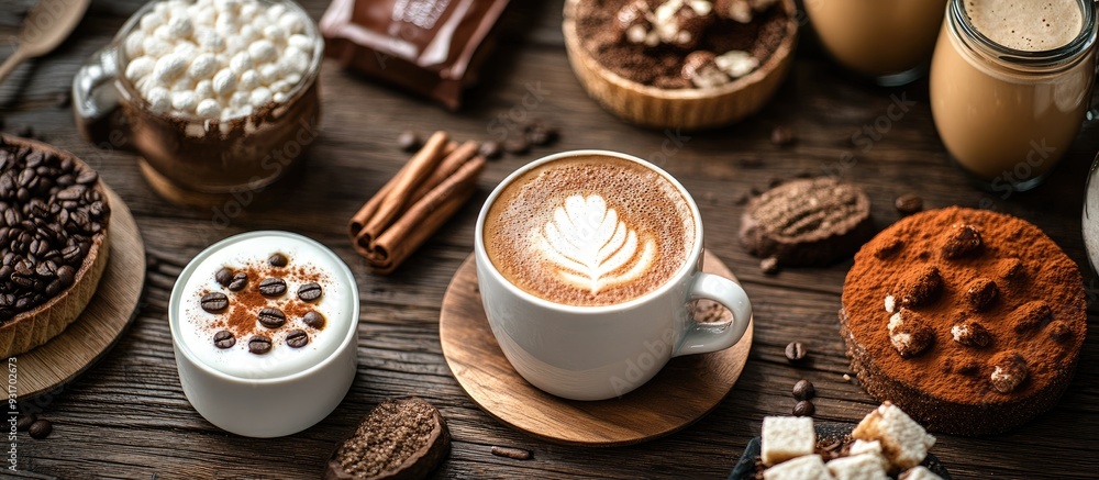 Poster High angle view of cappuccino coffee alongside a sachet of raw sugar on a table. with copy space image. Place for adding text or design