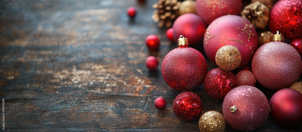 Poster Red and pink Christmas ornaments on a dark wooden table Top view. with copy space image. Place for adding text or design