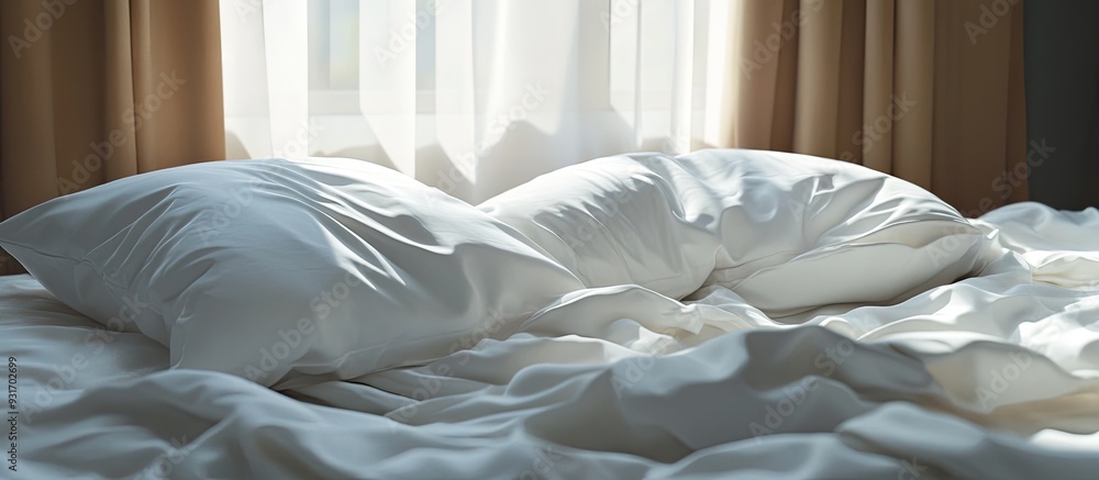 Poster unmade bed white pillow with a blanket on it represents relaxation after the morning illuminated by 