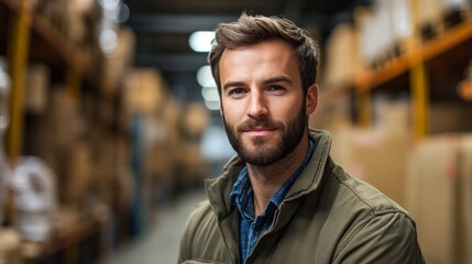 Portrait of a young man standing in corridor of warehouse
