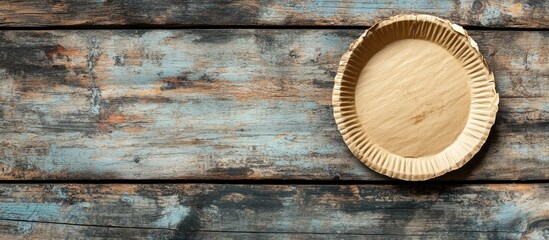 Worn cardboard plate on a wooden surface. with copy space image. Place for adding text or design