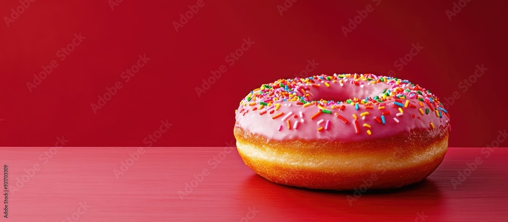 Aufkleber Close up of a pink glazed doughnut topped with rainbow sprinkles placed on a red table with room for text on the left. with copy space image. Place for adding text or design