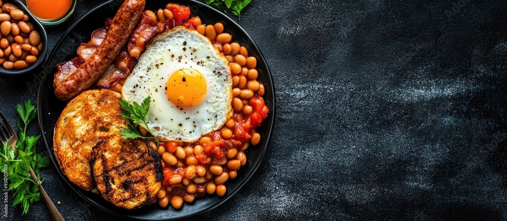 Aufkleber english breakfast featuring fried eggs beans bacon and sausages flat lay from above with copyspace