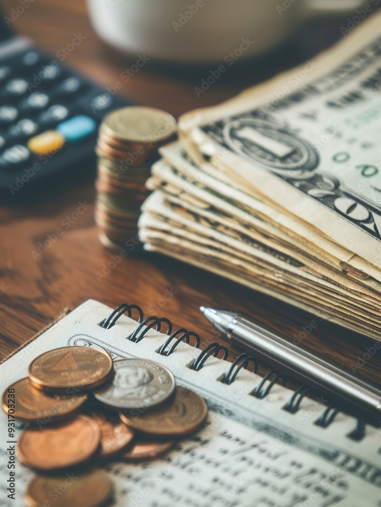 Fototapete a stack of cash and coins alongside an open notebook filled with financial calculations, highlighted