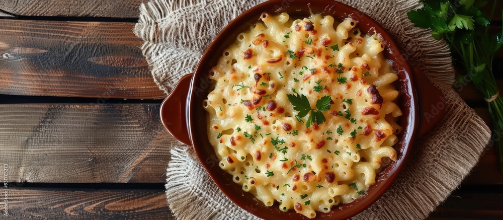Poster Mac and cheese is a classic American macaroni casserole in a creamy sauce A top view on a dark stone table. with copy space image. Place for adding text or design
