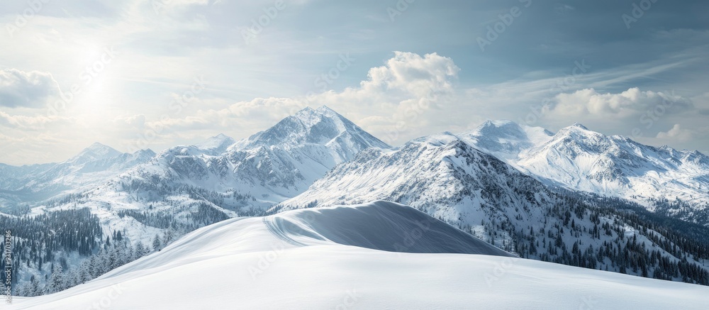 Poster Snow covered mountains and springtime hills. with copy space image. Place for adding text or design