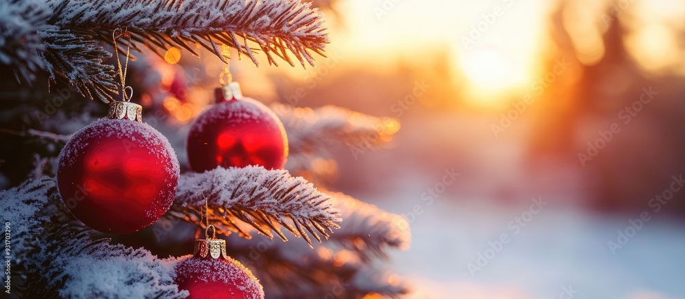 Poster Christmas red balls on a pine tree adorned with fresh snow during a beautiful winter sunset. with copy space image. Place for adding text or design