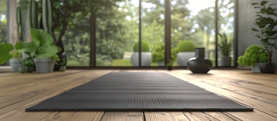 fitness mat placed on wooden floor representing health and fitness concepts. with copy space image. Place for adding text or design