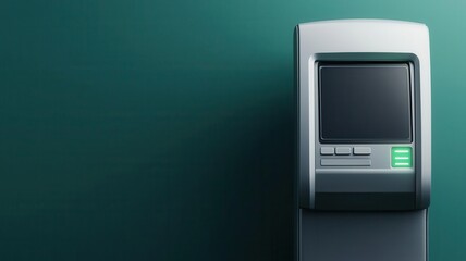 An ATM machine stands against a green wall, showcasing its screen and interface ready for transactions and banking services.