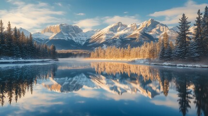 Almost nearly perfect reflection of the Rocky mountains in the Bow River. Near Canmore, Alberta Canada. Winter season is coming. Beautiful landscape background concept. 