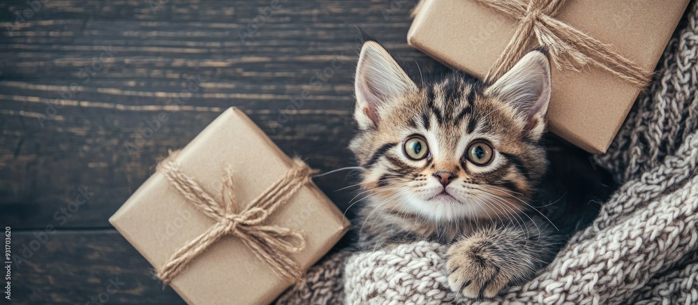 Aufkleber Adorable kitten resting under a blanket next to a gift box View from above Blank area for text. with copy space image. Place for adding text or design