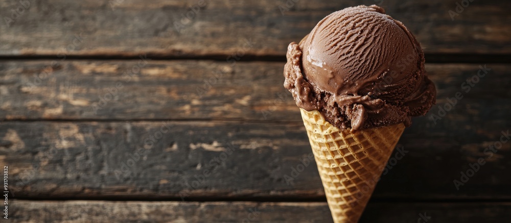 Leinwandbilder chocolate ice cream in a waffle cone on a rustic wooden surface selective focus copy space