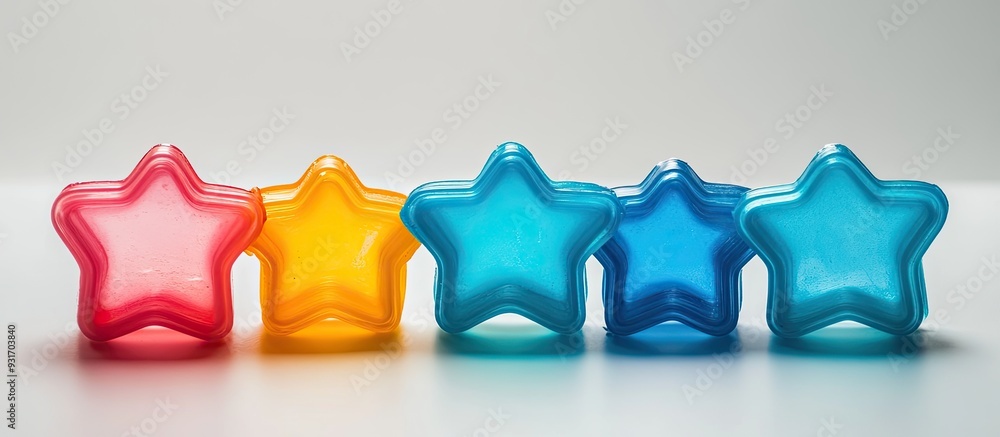 Poster plastic cooking mold shaped like five colorful stars isolated on a white background. with copy space