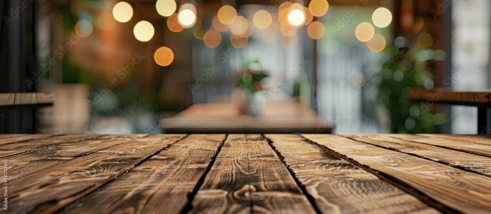 Poster Selected focus on an empty brown wooden table with a blurred coffee shop background featuring bokeh intended for product display montage. with copy space image. Place for adding text or design