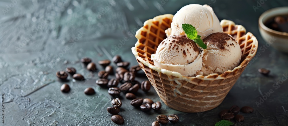 Poster vanilla and coffee ice cream served in a waffle cup. with copy space image. place for adding text or