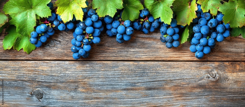 Poster Close up of blue grapes and vibrant grape leaves on a weathered wooden surface Background features copyspace