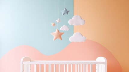 A simple baby crib with a mobile of stars and clouds above, set against a pastel background, [baby crib], [modern and serene]