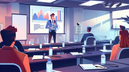 A professional delivers an informative financial seminar to an engaged audience in a contemporary conference room. Generative AI