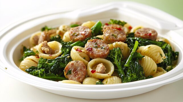 A hearty plate of orecchiette pasta is served with broccoli rabe and sausage, coated in a light garlic and olive oil sauce. The dish is presented on a white ceramic plate, with a sprinkle of red