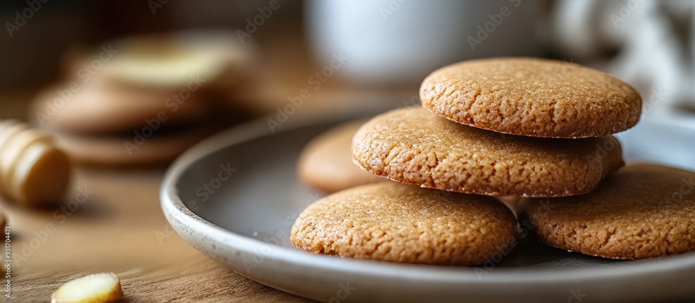 Poster homemade shortbread cookies featuring ginger and honey on a plate on the table close up tasty fragra