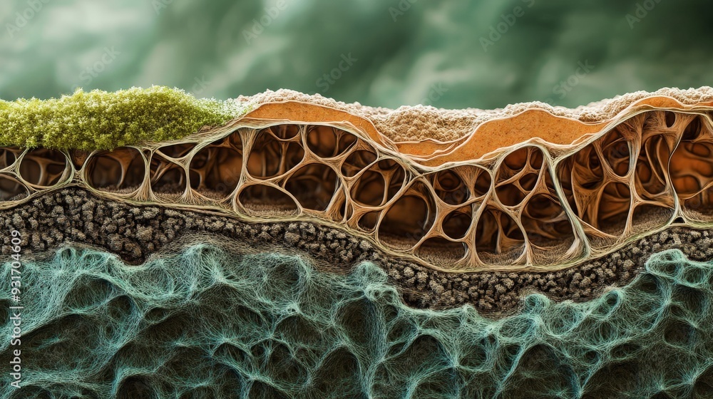 Poster the complex layers and textures in a cross section of placed b b aa eba, highlighting its unique bio